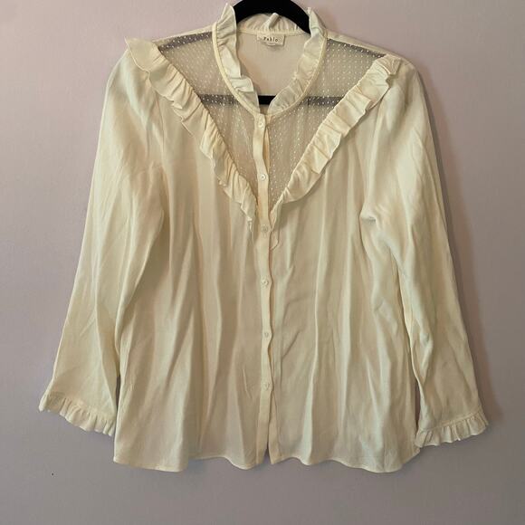 Pablo Women's size 38 White Ruffle Button Down Blouse French Viscose Lightweight - Picture 1 of 10